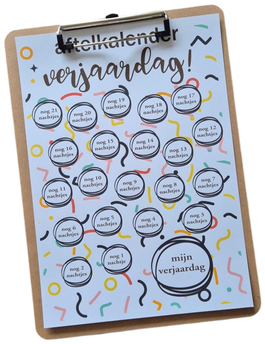 Troubadot | aftelkalender verjaardag met stickervel | inclusief klembord A4 | sticker | aftelkalender | verjaardag | kind | feest | A4 formaat